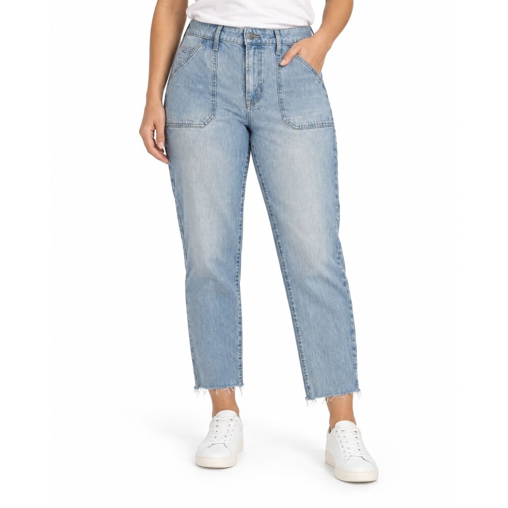 GAP Universal Slim Boyfriend Jeans Cropped Patch Pockets 10/30 Light Blue Frayed
